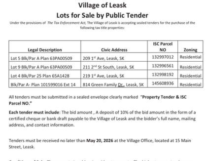 Notice Lots for Sale by Public Tender